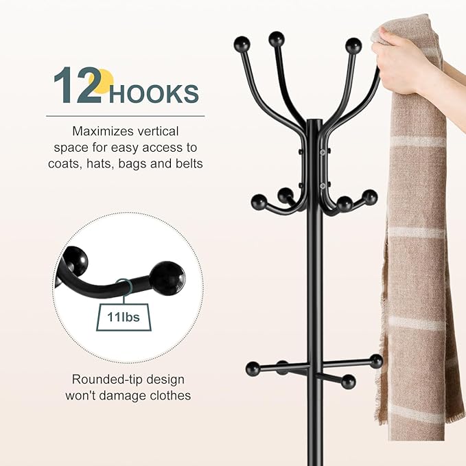Chiozza Coat Rack Freestanding, Metal Coat Tree with Umbrella Holder, Coat Hanger Stand with 12 Hooks, Standing Coat Rack Stand for Entryway Living Room Bedroom Office