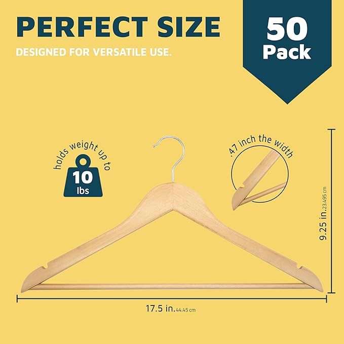 Lifemaster Wooden Hanger Set - 50 Pieces Non-Slip Versatile Closet Space-Saving Hanger Set for Suit, Coat, Camisole, Jacket, Pants, and Dresses with Rotating Swivel Hook - Natural Wood