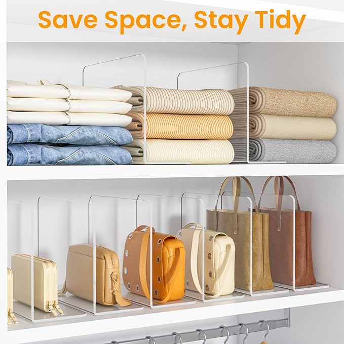 Purse Organizer for Closet Shelf Dividers - 10" Tall X 12" Deep Clear Acrylic Shelf Dividers for Closet Organization - Free-Standing Adhesive Design for Wood & Wire Shelves Bedroom Kitchen 4 Pack