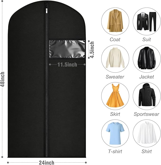 24 Pack Garment Bags for Hanging Clothes,47-inch Suit Cover Bags for Men Closet Storage Bags for Dresses, Shirts, Fur Coats, Dance Costumes - Hanging Suit Cover with Zipper and Clear Window