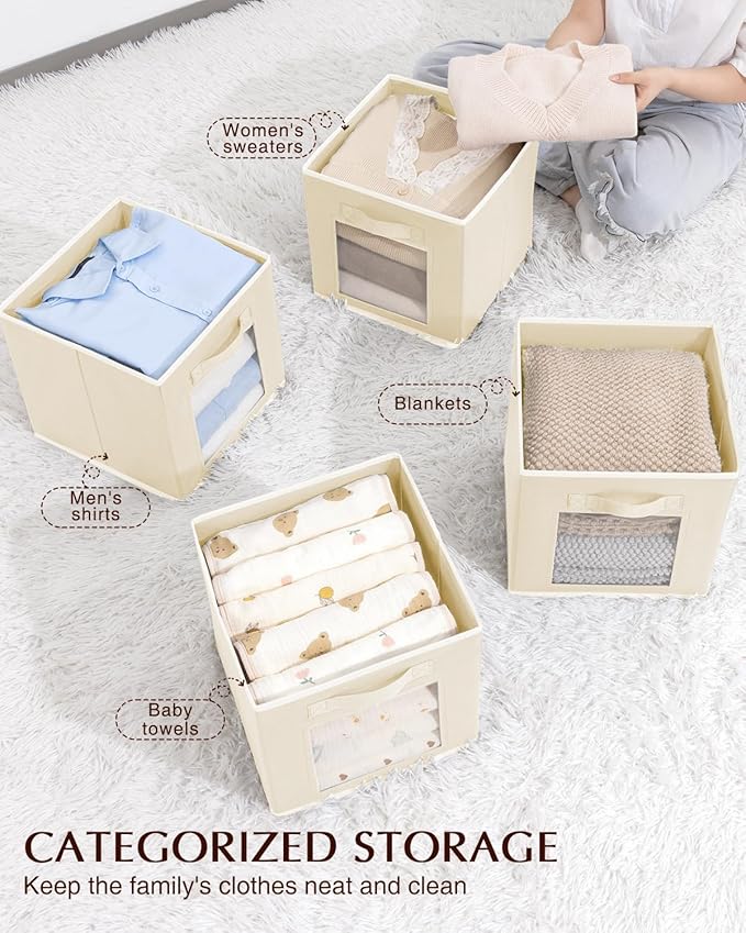 Storage Baskets for Organizing - 6 Pack Cube Storge Bins, Foldable Storage Bins with Handle, Closet Organizers and Storage Baskets for Toys, Clothes, Beige