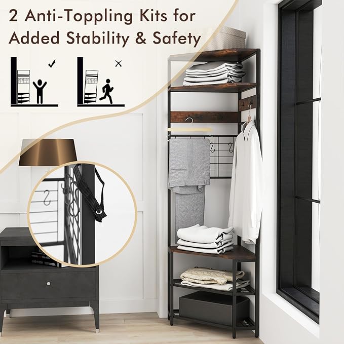 Giantex Corner Hall Tree, 73" Tall Coat Rack w/Shoe Storage Bench, 12 Metal Hooks, 5-Tier Entryway Shoes Shelf Organizer, Freestanding Clothes Rack for Living Room, Bedroom (Rustic Brown & Black)