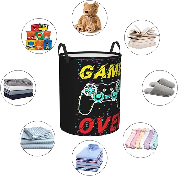Gamer Funny Round Laundry Hamper Game Joystick Storage Basket Toys Clothes Organizer Bin For Home Bathroom Bedroom Dorm Nursery, 38L