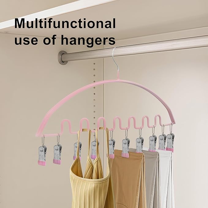 Legging Organizer for Closet,Metal Wave Design Pants Hanger with 10 Clips 7 Hooks, Closet Storage for Pants, Skirts, Hats (Pink, 1Pack)