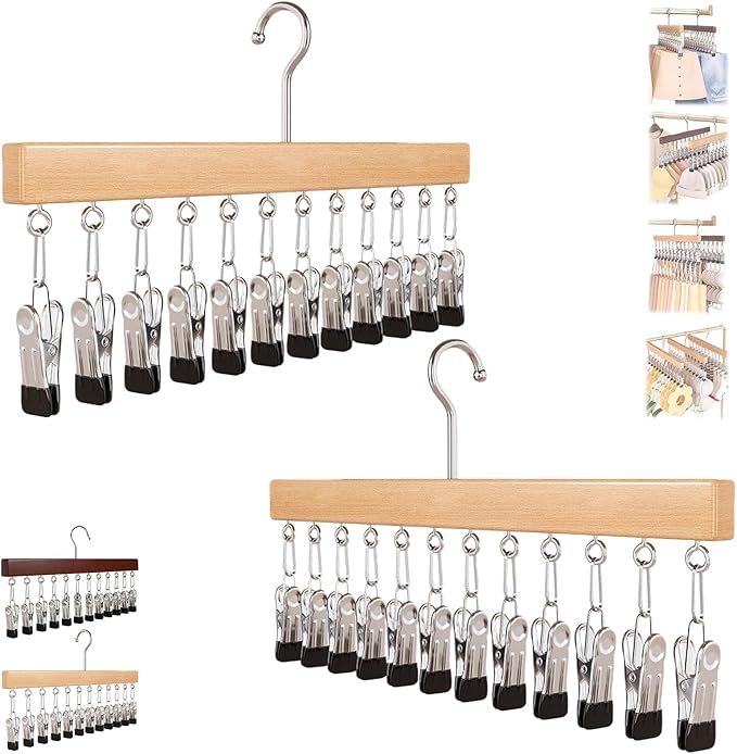 2026 New Closet Organizer with 10 Clips - Space Saving Hanging Closet Organizer, 12 Clips, Closet Organizers and Storage, 360° Rotating, for Jeans, Hats, Shorts, Socks (Nature*2)