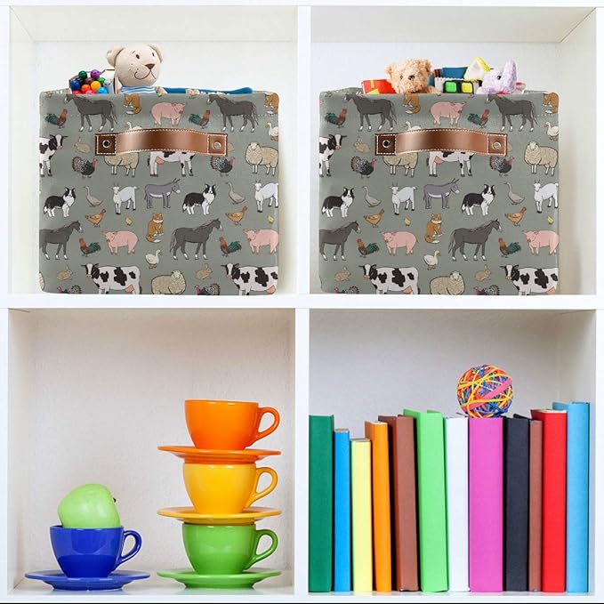 Farm Animals Pattern Rectangle Storage Bin, 15 x 11 x 9.5 in, Collapsible Organizer Storage Basket for Home Décor，2PACK