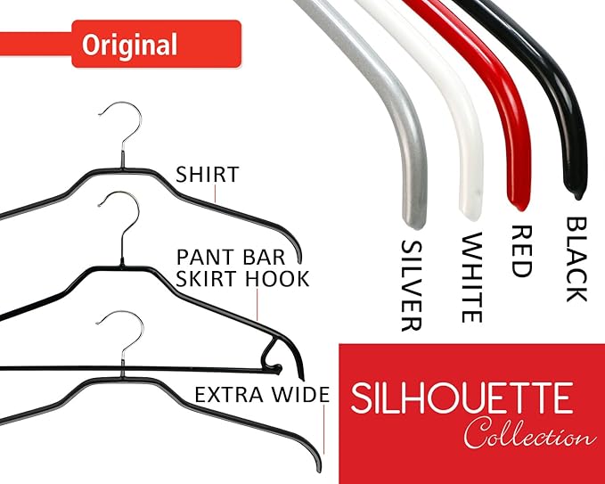 Mawa by Reston Lloyd Silhouette Series Non-Slip Space Saving Clothes Hanger for Shirts and Dresses, Style 41/F, Set of 12, Black