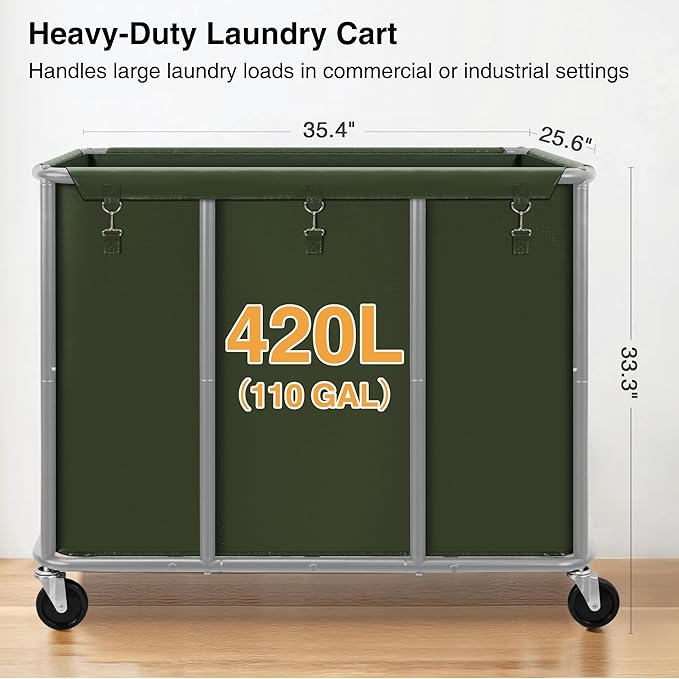 STO STO Commercial Laundry Cart with Lockable Wheels, Extra Large 420L Industrial Rolling Laundry Hamper with Metal Frame, Laundry Basket Trolley with Removable Waterproof Bag, 400 lbs Load, Green