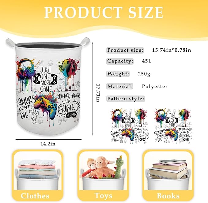 Watercolor Gamer Laundry Basket, Toybox for Boys Room, Game Lovers Laundry Basket Hamper Waterproof Collapsible Clothes Toys Storage Bin Organizer for Bedroom Bathroom Boys Gamer Room