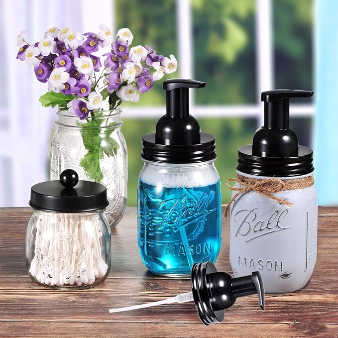 SheeChung 2 Pack Mason Jar Foaming Soap Dispenser Lids for Standard Mouth, Foaming Soap Dispenser Pump Replacement for Hand Sanitizer, Bath Liquid, Facial Cleansing Foam, Makeup Remover Water - Black