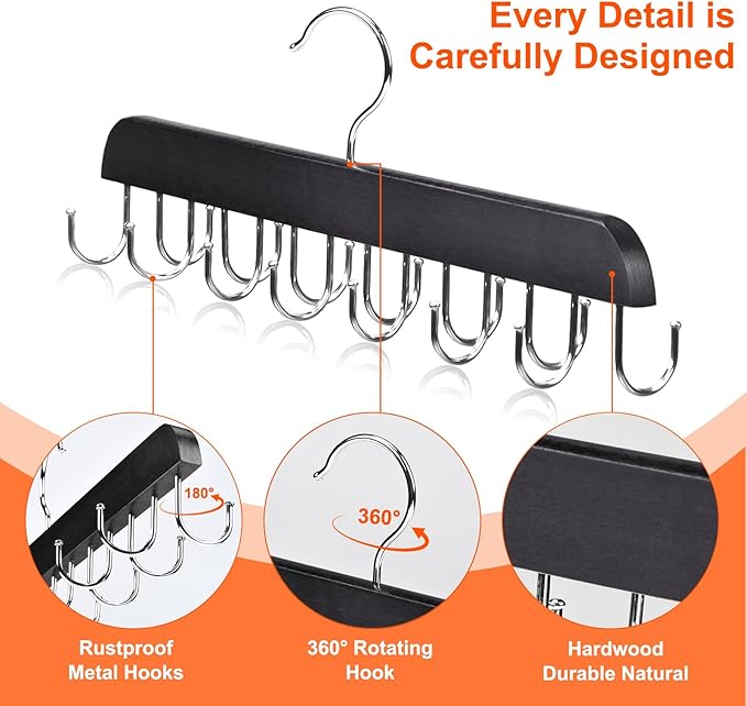 2 Pack Bra Hanger, Wooden Tank Top Hangers with 14 Foldable Hooks, Bra Hanger for Closet Organizer，Premium Wooden Space Saving Hangers Closet Organizers and Storage for Dorm & Apartment (Black)