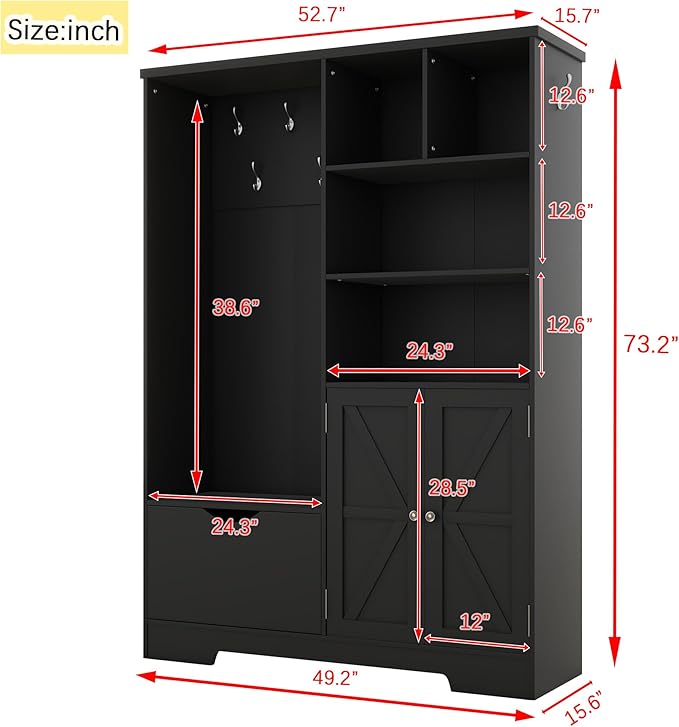 Modern Wood Entryway Hall Tree with Storage Shelves Drawers and Cabinet, Multi-functional Coat Rack Shoe Cabinet with Hooks and Bench for Entrance Entryways (Black-K27)