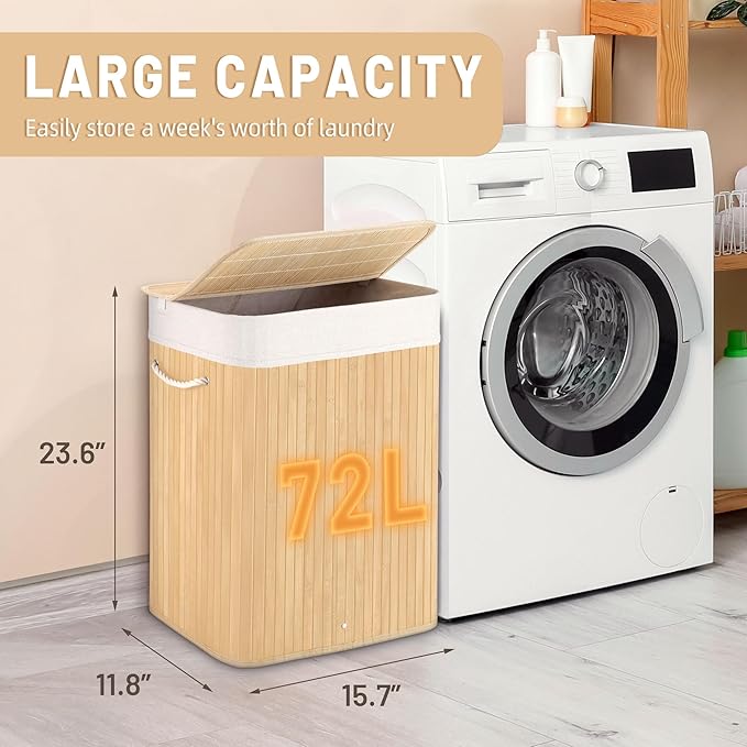 72L Slim Laundry Hamper with Lid, Foldable Bamboo Clothes Laundry Basket with Handles, Removable and Machine Washable Liner, for Bedroom, Bathroom, Dorm, Natural Beige
