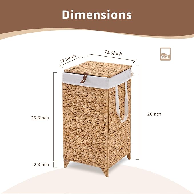 Handwoven Laundry Hamper with Lid, Natural Hyacinth Heightened Feet Laundry Basket, Wicker Clothes Hamper with Removable Liner Bag (Natural-A, 65L)