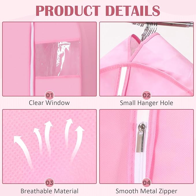 2 Pcs 10" Gusseted Garment Bags for Hanging Clothes Dress Bags for Gowns Long Closet Waterproof Garment Covers Wedding Dress Cover Traveling Clothes Protector(Pink,43 Inch)