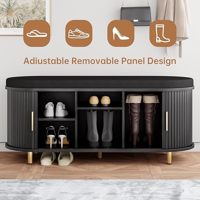 Entryway Bench with Storage: 43.31" Wooden Bedroom Shoe Bench with Thickened Padded Seat Cushion, Mid Century Modern Fluted Sliding Door and Adjustable Shelf, for Entryway, Living Room