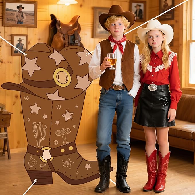 Western Cowboy Boot Shape Banner Decorations Boots on The Ground Backdrop Photo Booth Props for Wild West Party Cowboy Rodeo Birthday Baby Shower Supplies Decor