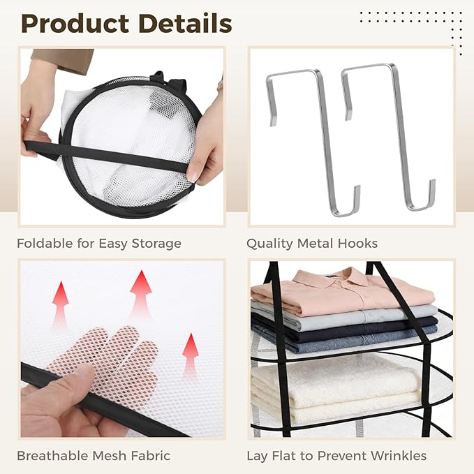 ZALIR 2 Pcs Over The Door Mesh Sweater Drying Rack Set - 3 Tier Lay Flat Sweater Drying Rack, Black Foldable Lay Flat Laundry Hanging Mesh Dryer with Door Hooks for Apartments, Dorms, Bathrooms