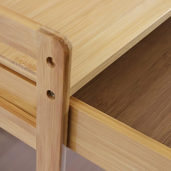 3 Tiers Bamboo Home Rolling Kitchen Trolley w/Storage Drawer Stand, Bamboo Kitchen Storage Cart, Natural Appearance, Rounded Corners, for Kitchen, Bathroom,Laundry,Living Room