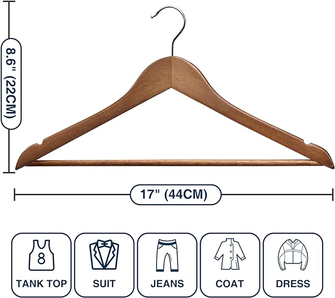 Wooden Hangers 30 Pack,Clothes Hanger for Daily Used,Coat Hanger for Closet,Heavy Duty Wood Hangers for Suit, Shirts, Jackets, Dress, Pant (Walnut)