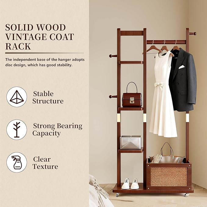 Solid Wood Clothes Rack with Wheels - 4 Shelves, 4 Hooks, Storage Basket for Hanging Garment Wallets Hats, Coat Rack Freestanding, Clothing Rack Heavy Duty Hall Tree for Living Room Hallway