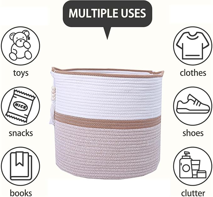 Large Woven Rope Laundry Hamper, Cotton Rope Storage Basket with Handles, Multipurpose Storage Basket for Laundry, Toys, Blankets in Bedroom, Bathroom, Living Room - Stylish & Durable (Brown, 55L)