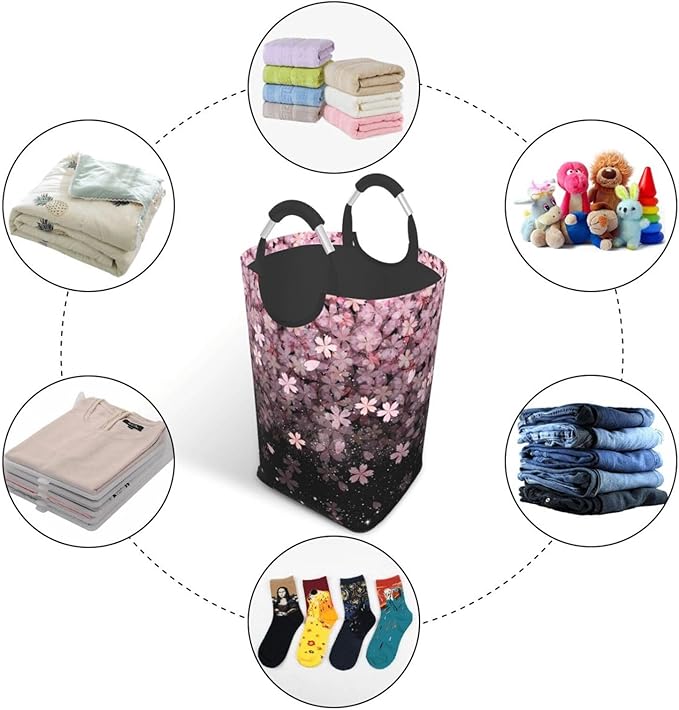 Cherry Blossoms Laundry Basket Pink Flowers Foldable Laundry Hamper Cute Floral Collapsible Laundry Baskets with Handles Clothes Hamper Laundry Tote Bag for Dorm Family Storage Bin 50L