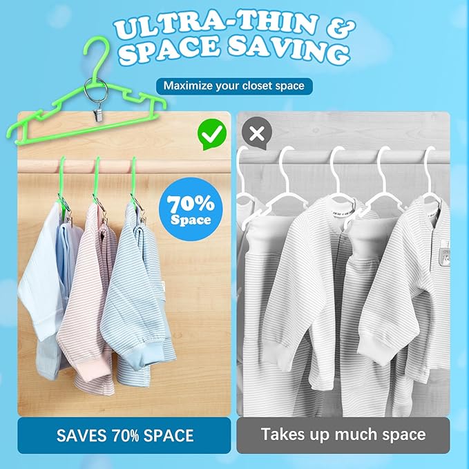 Baby Hangers with Metal Ring Clips, Children Plastic Hanger for Kids Pants Clothes Closet, 20 Pack, Green