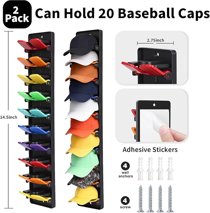 2-Pack Wall Hat Rack, No Drill Damage-Free Organizer with Spring-Loaded Clips, Strong Adhesive & Screw Installation, Easy to Install Space-Saving Holder for Door Closet Entryway, Holds 20 Hats Tidy