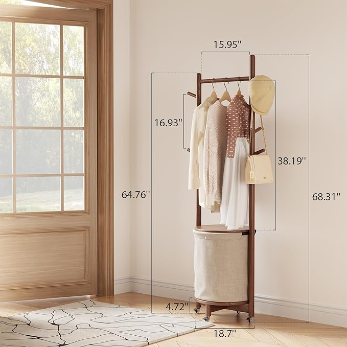 Solid Wood Coat Rack with Fabric Basket - Coat Hanger Stand Coat Tree Rack Freestanding with 9 Hooks Wheels, Small Clothes Rack For Entryway Bedroom Hallway Living Room