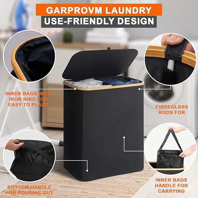 GARPROVM Double Laundry Hamper with Lid 150L Large Laundry Basket with Bamboo Handles Foldable Clothes Hampers with 2 Removable Liner Bags for Laundry for Bedroom Bathroom Dorm Laundry Room, Black