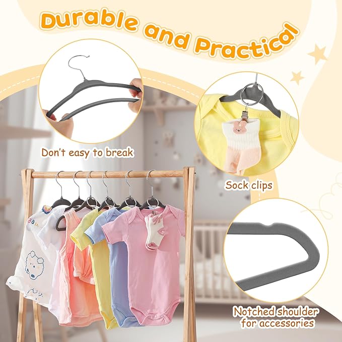 Hsei 25 Pack Baby Velvet Hangers with Ring Clips 11.02 Inch Baby Clothes Hanger for Socks Kids Felt Hangers for Closet, Space Saving Toddler Clothes Hanger for Infant Toddler