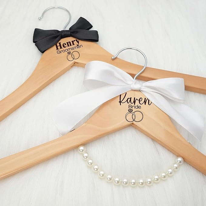 Personalized Custom Bridesmaid Hangers - Engraved Wood Wedding Dress Hangers with Name & Date - 2 Pack