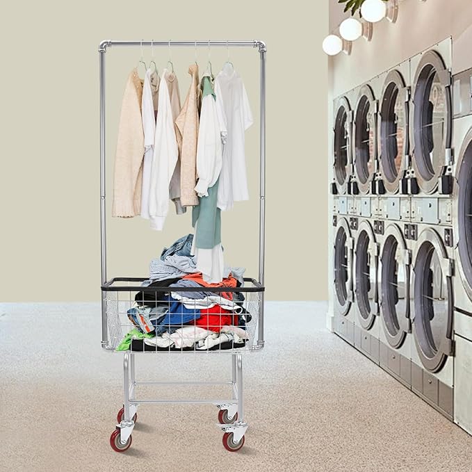 Laundry Cart,Steel Wire Laundry Cart,Laundry Basket With Wheels,Commercial Laundry Basket Cart Heavy Duty with Rod Rack 27x22x67in (A)