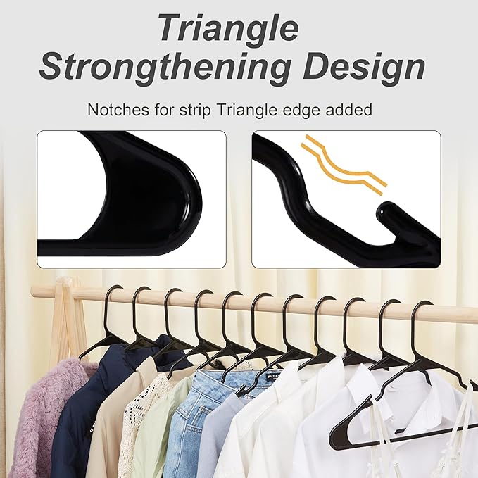 VECELO 50 Pack Plastic Hangers-Clothes Hangers Set with Shoulder Non Slip Notches for Closet Space Saving-Heavy Duty Coat Hanger,Black