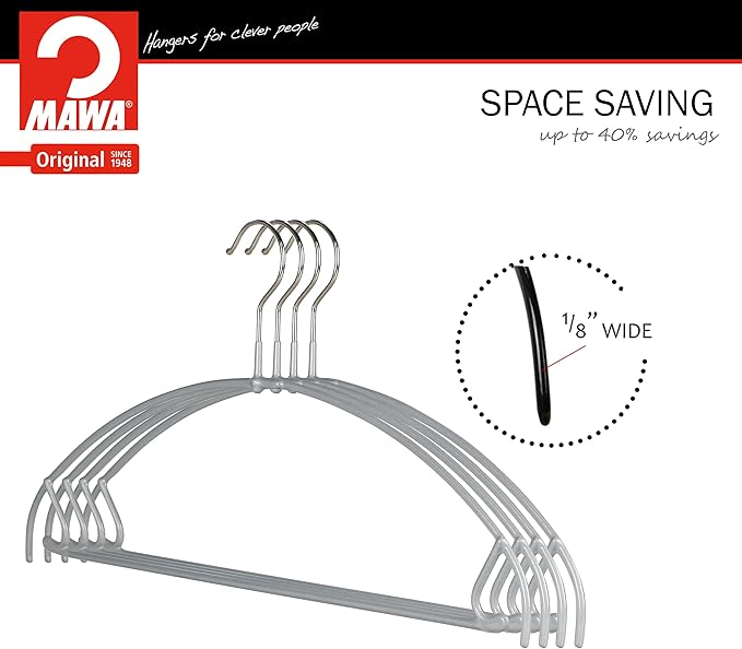 Mawa by Reston Lloyd Euro Ultra Light/Thin Series, Non-Slip Space Saving Clothes Hanger with Bar & Hook for Pants and Skirts, Style 42/PTU, Set of 10, Silver