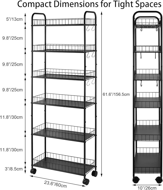 6-Tier Slim Rolling Storage Cart with Wheels, Narrow Metal Organizer Shelf Unit for Kitchen, Bathroom, Laundry, Office, Garage – Black, 10" Wide