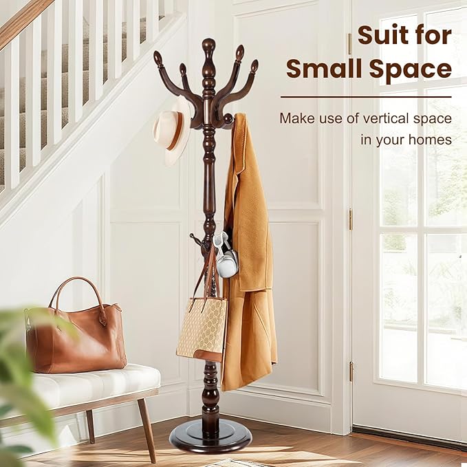 Freestanding Coat Rack with 11 Hooks, Sturdy Wooden Hall Tree for Entryway, Heavy-Duty Disc Base for Hats, Jackets, Bags, Easy Assembly for Bedroom, Hallway, Office
