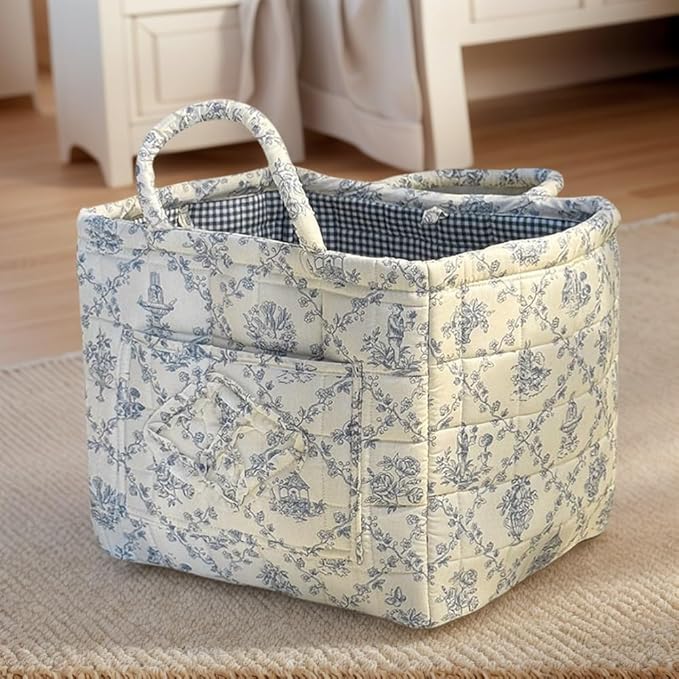 Quilted Laundry Basket Floral Storage Basket Cute Fabric Laundry Baskets Large Boho Foldable Nursery Hamper (Floral05)