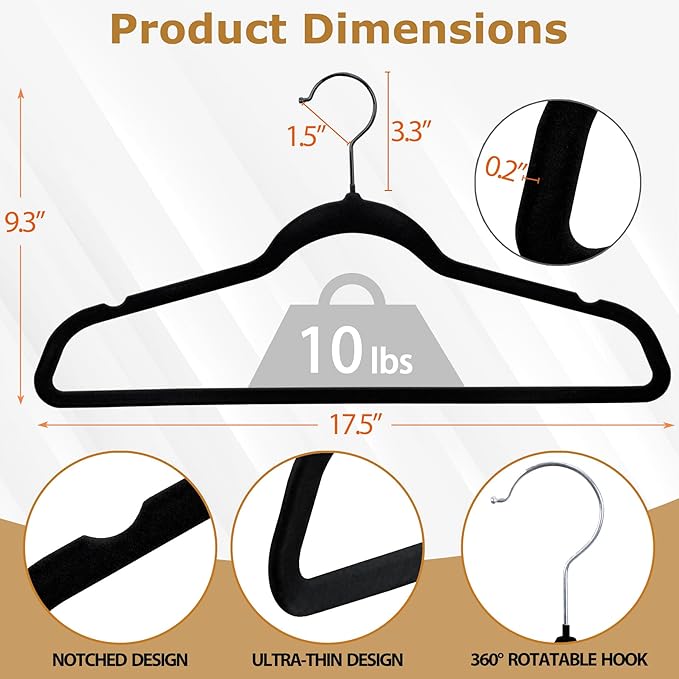 ZENY Velvet Hangers 100 Pack, Non-Slip Clothes Hangers, Suit Hangers with Shoulder Notches, Pants Bar, 360° Swivel Hook, Space-Saving, for Closet (Black)