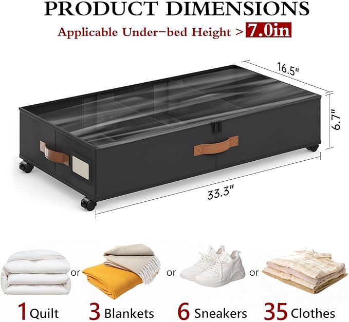 Yecaye Under Bed Storage with Wheels, 2 Pack Under Bed Storage Containers with Adjustable Dividers & Clear Window, Rolling Underbed Organizer Bins Drawers for Clothes, Shoes, Blankets, Black