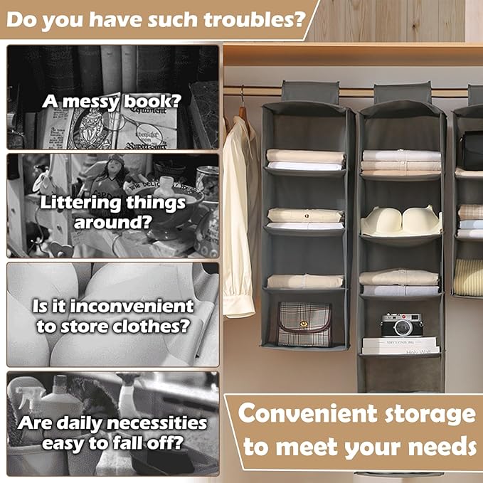 2PCS Hanging Closet Organizer, 6-Shelf Hanging Storage Shelves Wardrobe Clothes Organizer Cloth Hanging Shelves Foldable for Closet Bedroom Home (2PCS 6-Shelf)