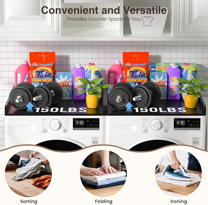 Washer Dryer Countertop Set of 2, 54.34" L x 27.56" W x 2.76" H Wood Washer and Dryer Countertop, Laundry Topper with Anti-Slip Pads & Edge Rails for Laundry Room Organization (Black)