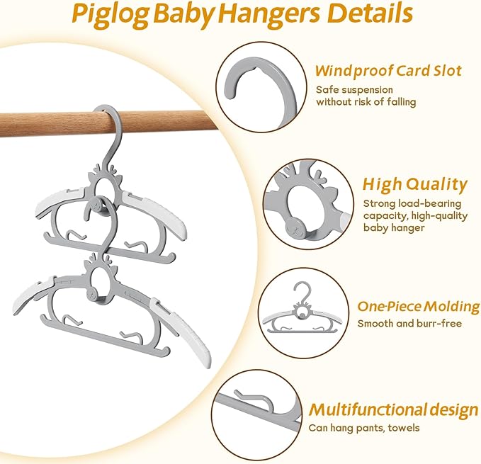 Kids Hangers 30PCS, 11"-14" Extendable and Stackable Baby Hangers, 45g Ultra-Thick Space Saving Non-Slip Plastic Hanger for Infant, Toddler and Nursery Closet (Gray-White-30)