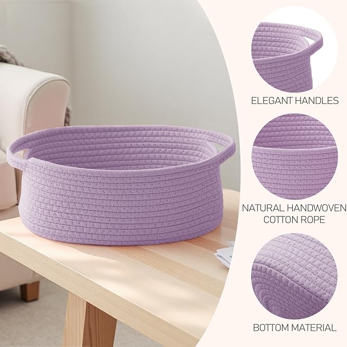 Woven Basket,Small Rope Storage Bin with Handles & Ribbon Bag, Organizer for Shelves Closets,Gift Basket Empty for Birthday,Books,Dog Toys, Purple/2 Pack