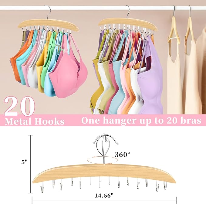 2 Pack Bra Organizer for Closet, 360° Rotating Bra Hanger Space Saving w/20 Foldable Metal Hooks, Tank Top Hanger Closet Organizers and Storage for Camisoles/Tank Tops/Bras/Belts/Scarves Wood
