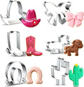 6 Piece Cowboy Cowgirl Cookie Cutter Set, Western Boot Cookie Cutter Bow, Cowboy Hat, Cactus, Horse Hooves Shaped Stainless Steel Metal Molds Perfect for Western Cowgirl Party