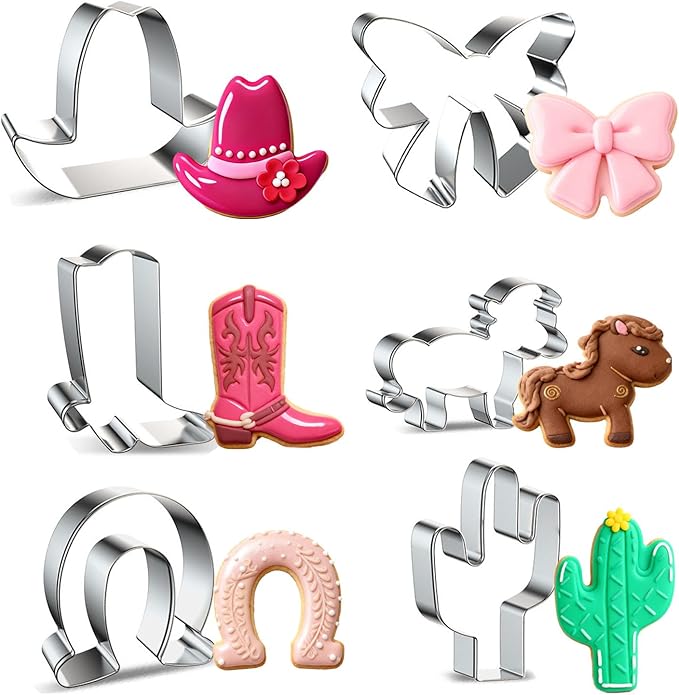 6 Piece Cowboy Cowgirl Cookie Cutter Set, Western Boot Cookie Cutter Bow, Cowboy Hat, Cactus, Horse Hooves Shaped Stainless Steel Metal Molds Perfect for Western Cowgirl Party