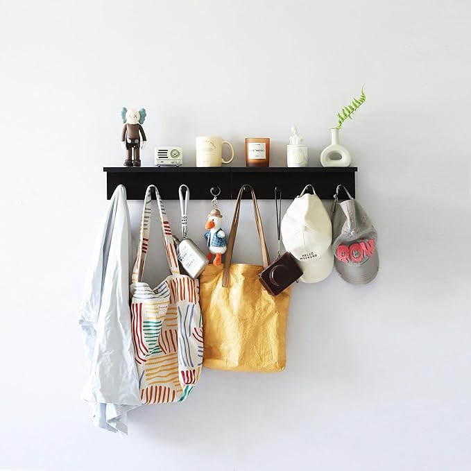 Entrance Coat Rack ，Coat Hooks, Wall-Mounted Wooden Hook Rack, Wall-Mounted Shelves are Very Suitable (Black Color Finish—A-1)
