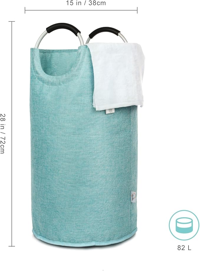 Medium Laundry Hamper Bag, 82L Collapsible Tall Laundry Basket, Double Layer Fabric, Full-Ring Aluminum Handles, Stands Upright, Heavy Duty Clothes Hamper for Bedroom Dorm, Light Blue